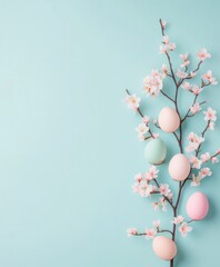 Pastel Easter Tree with Glowing Egg Ornaments and Spring Flowers on Pale Blue Background
