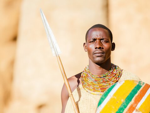 Ethiopian Warrior in Traditional Attire Posing with Spear and Shield at Historical Monument during Adwa Victory Day, Golden Light Celebratory Mood