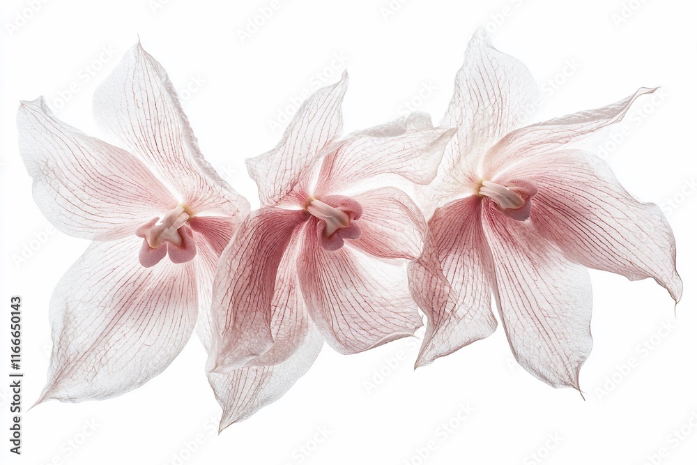 Poster three delicate pink orchids arranged in a row against a white background.