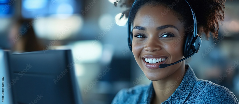 Poster smiling customer service representative wearing headset at work.