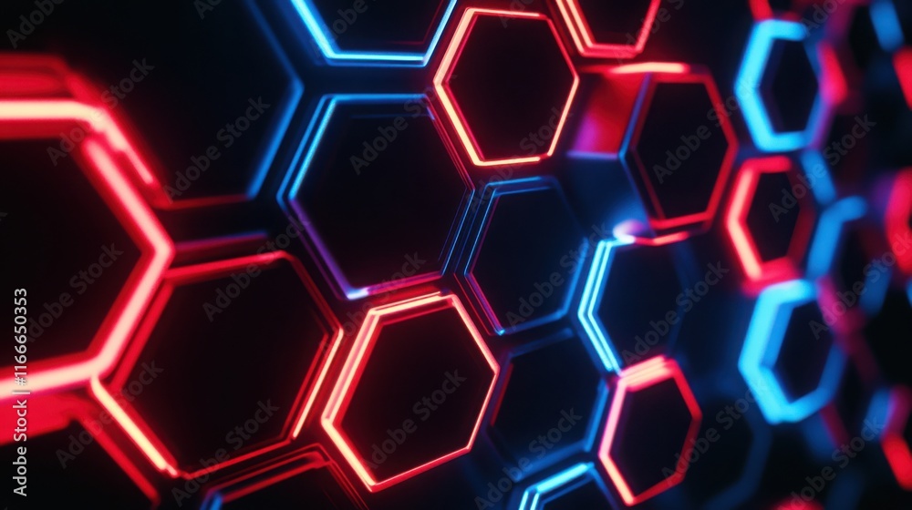 Canvas Prints neon red and blue hexagons interlocked in a 3d pattern, glowing against a dark background.