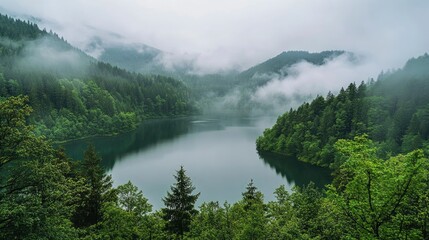green forest, top view. Green environment concept. The background is a lake with fog and clouds. Natural lighting. Professional color grading. Sharp details. High resolution. Beautiful soft light