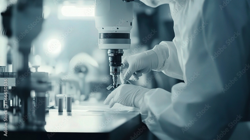 Poster close up shot of worker operating robotic machine in laboratory setting