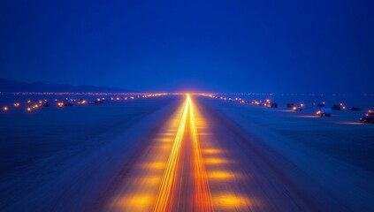 Long exposure shot of a highway at night with light trails and distant lights.