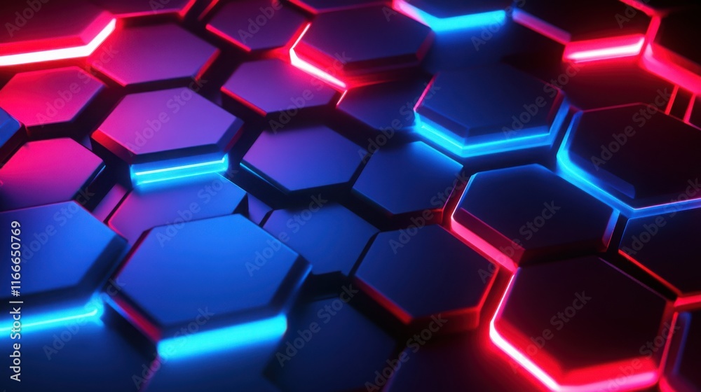 Wall mural neon red and blue hexagons interlocked in a 3d pattern, glowing against a dark background.
