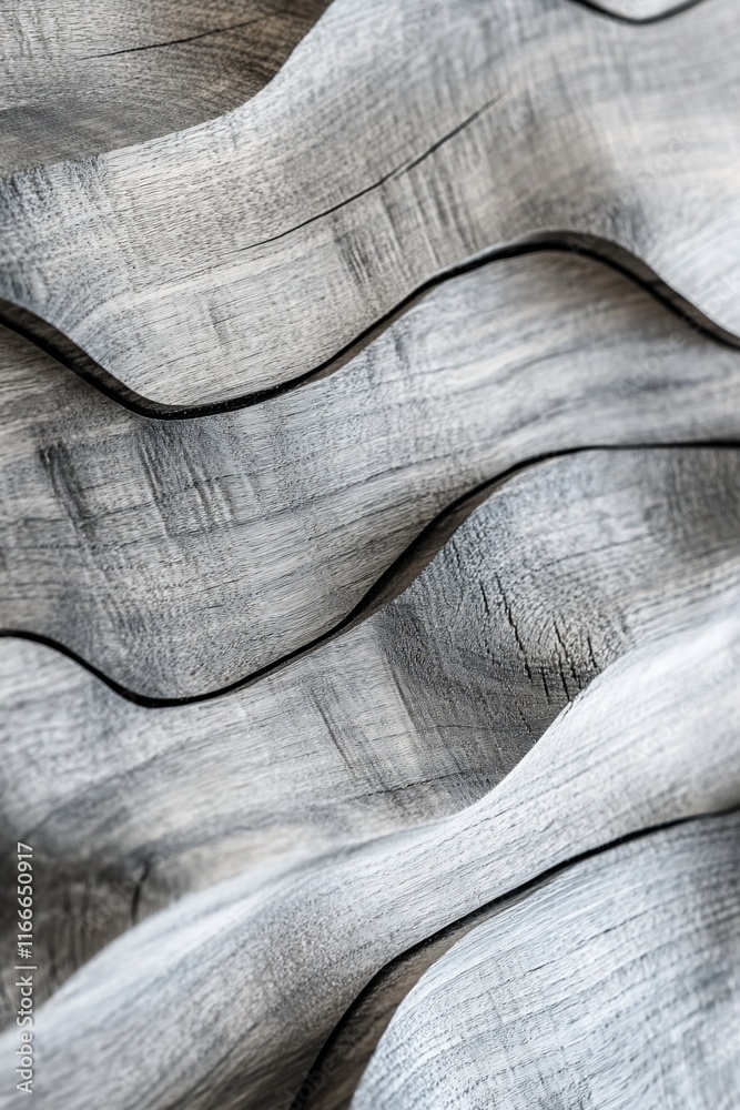 Poster abstract close-up of undulating gray wood texture, showing grain and curves.
