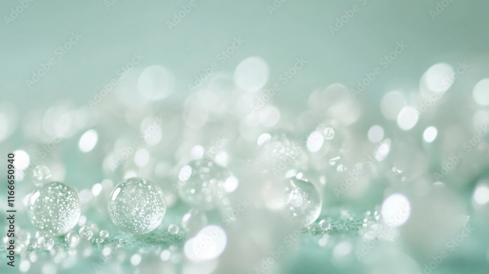 Poster Close-up of translucent spheres with bokeh effect on a light green background.