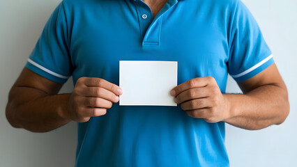 Person in Blue Polo Shirt Holding Blank White Card