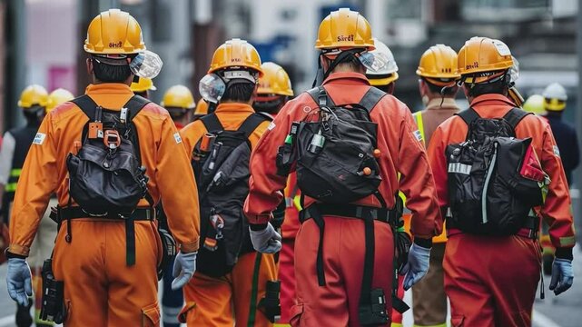 A powerful image of a dedicated team of first responders, clad in vibrant orange rescue suits and carrying essential backpacks, marching forward with unwavering determination.