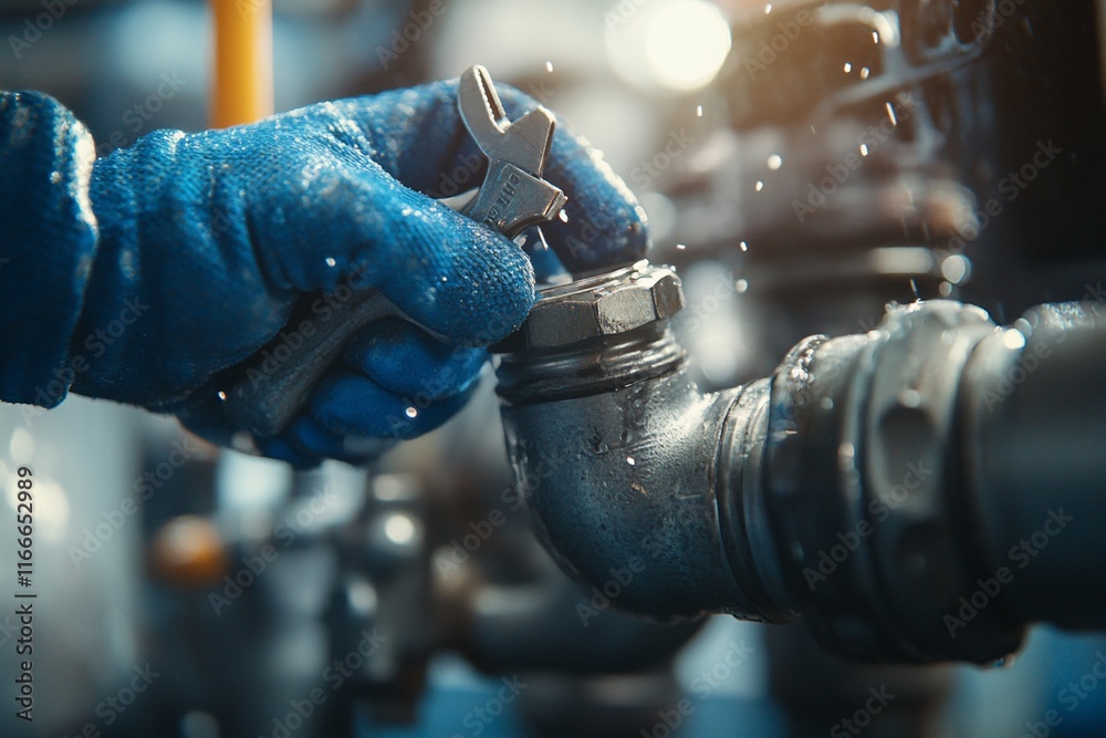 Aufkleber gloved hand using wrench on leaking pipe.