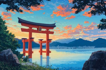 Naklejka premium 厳島神社の夕焼けと海に映る鳥居