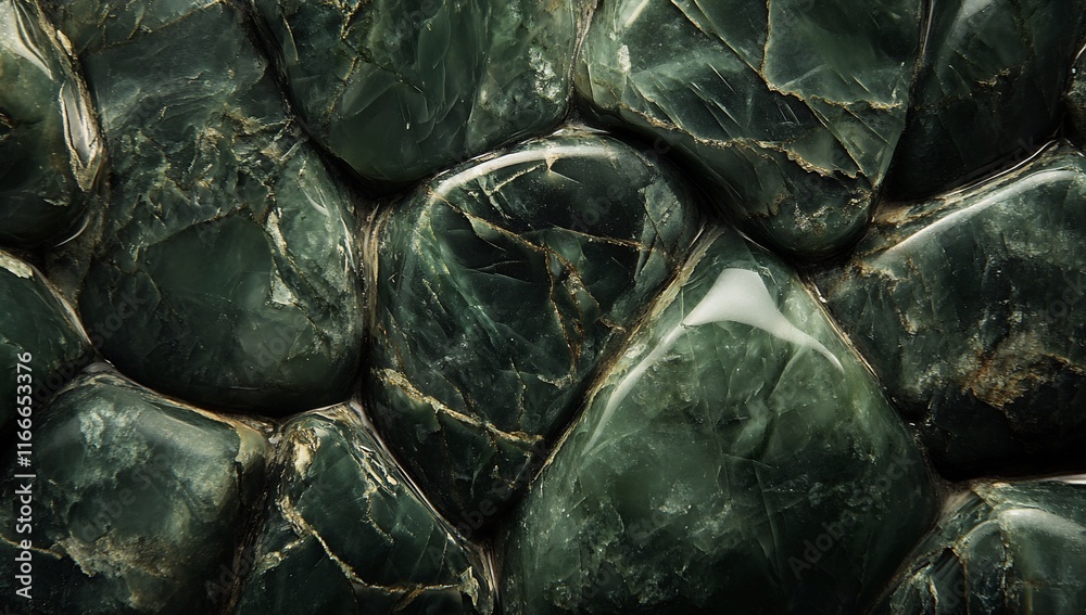 Poster close-up of polished dark green stones with visible veins and textures, creating a natural stone bac