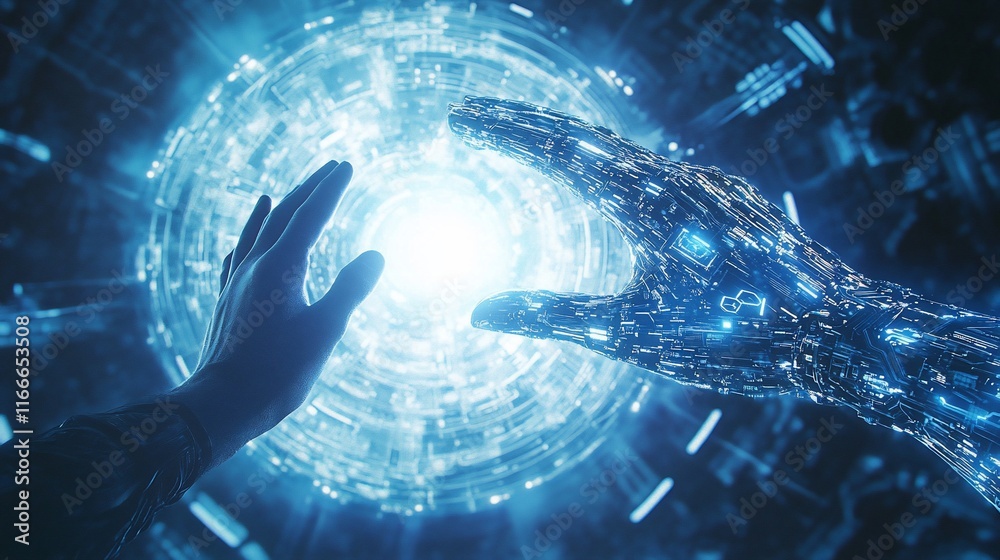 Poster human and robotic hands reaching towards a glowing orb, symbolizing connection between humanity and 