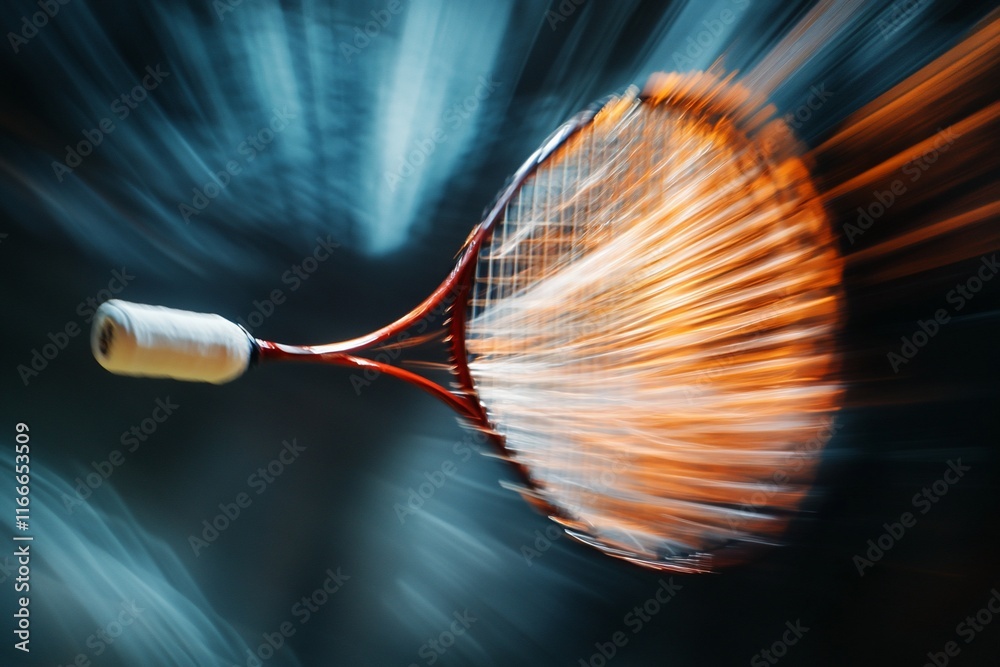 Poster Squash racket and ball in motion blur, dynamic sports action shot.