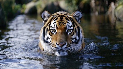 Fototapeta premium A tiger swimming in water, showcasing its striking features and natural habitat.