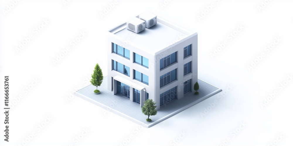 Aufkleber isometric view of a modern white building with trees.