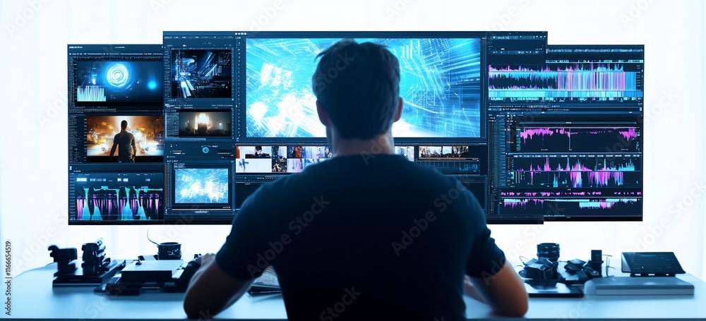 Poster a video editor works on multiple monitors, reviewing footage and audio.