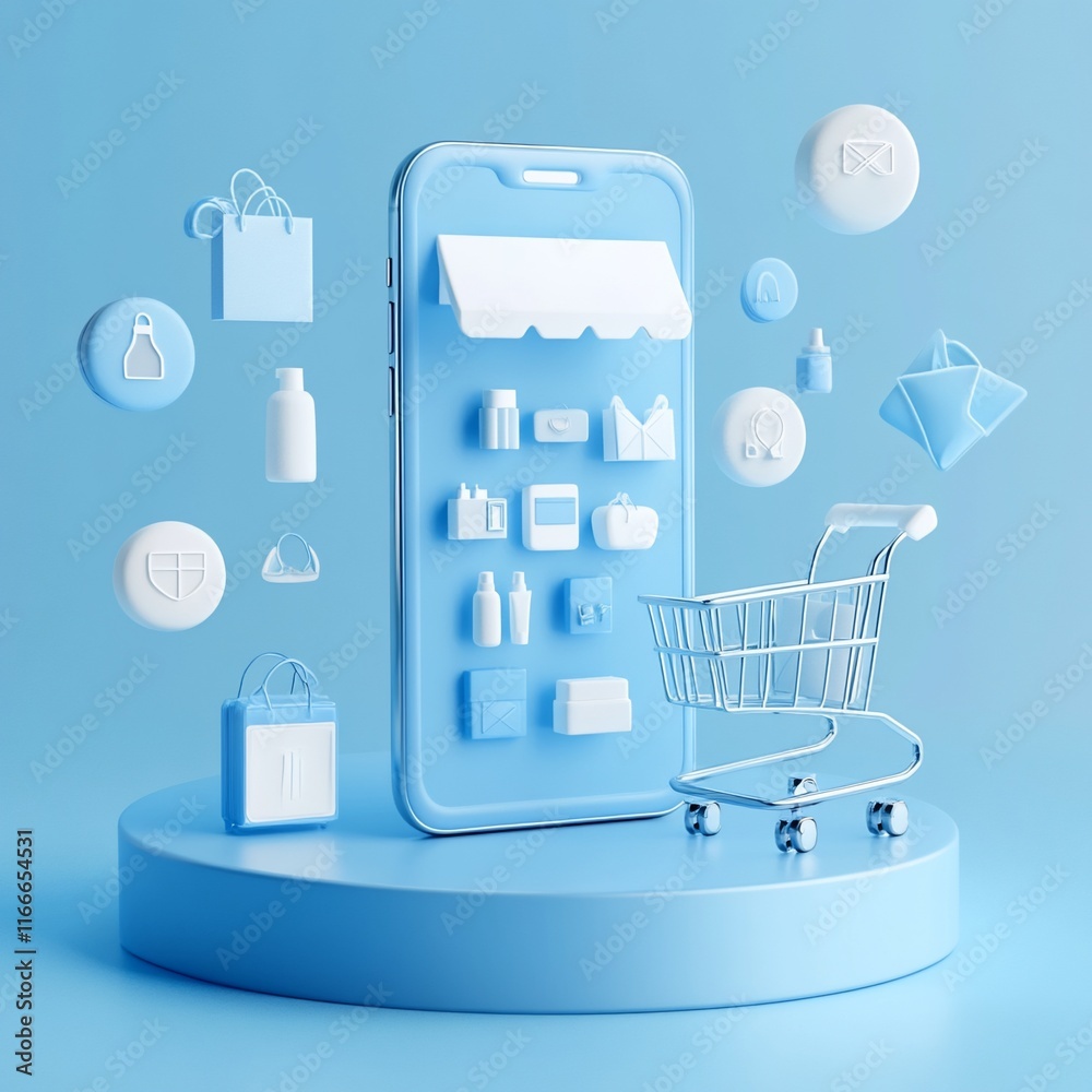 Poster online shopping app interface displayed on a smartphone with various product icons and a shopping ca