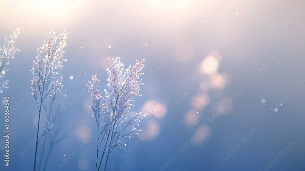 Poster frosty plants illuminated by soft sunlight, bokeh background.