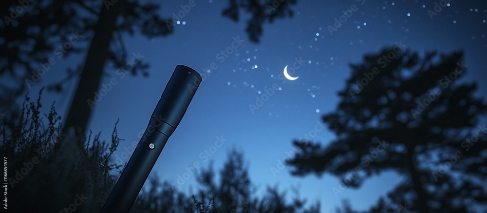 Poster nighttime scene featuring a telescope pointed at a crescent moon and stars in a forest.