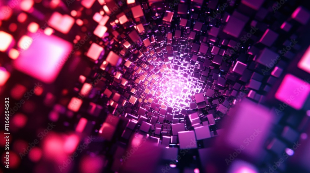 Sticker neon red and purple cubes arranged in a spiral, creating a sense of depth and movement.