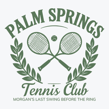 logo slogan graphic, retro tennis with racket, art deco style. palm springs california, united state, texts athletic club and tennis club. palm beach Country club summer SS24 tennis crest sport