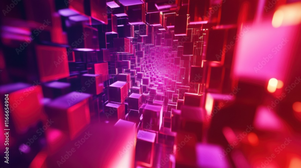 Wall mural neon red and purple cubes arranged in a spiral, creating a sense of depth and movement.