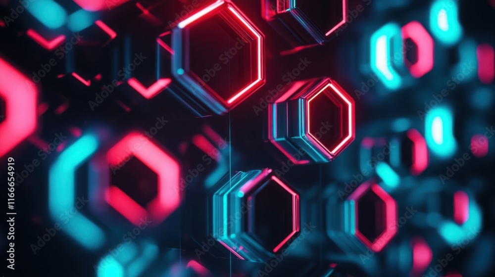 Canvas Prints neon red and teal hexagons floating in space, casting vibrant neon shadows.