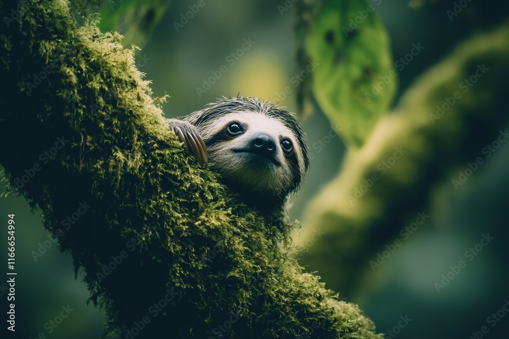 Poster a cute sloth peeking from behind a moss-covered tree branch in a lush green rainforest.