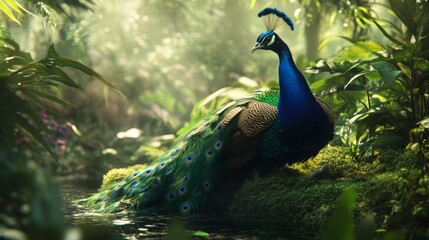 Portrait of beautiful peacock with feathers out in the nature habitat