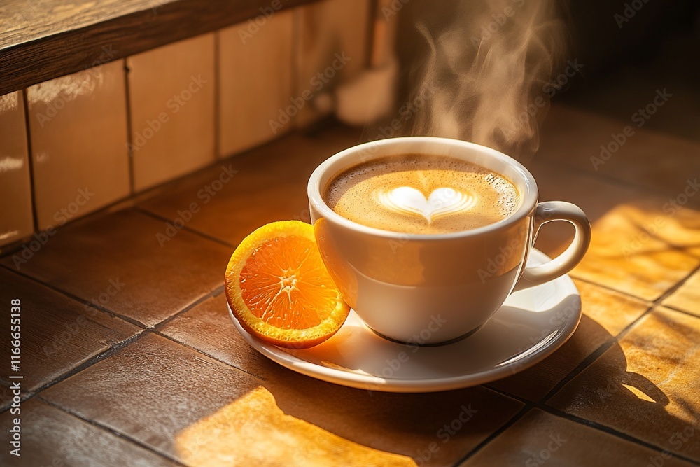 Poster steaming cup of coffee with latte art heart design and orange slice on saucer in sunlight.