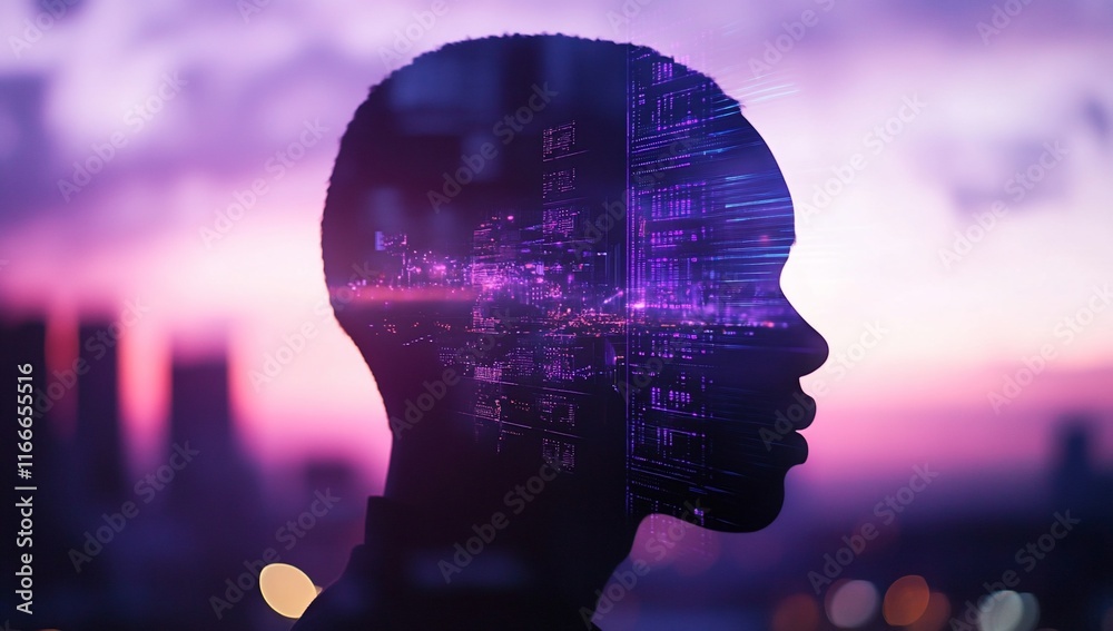 Fototapete Silhouette of a person's head with a superimposed cityscape and data streams, representing the connection between humans and technology.
