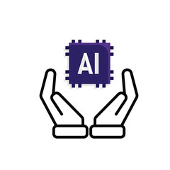 brain icon. artificial intelligence chip in hand. Chip design in hand. Education, technology and brain protection vector design. Mixed design style