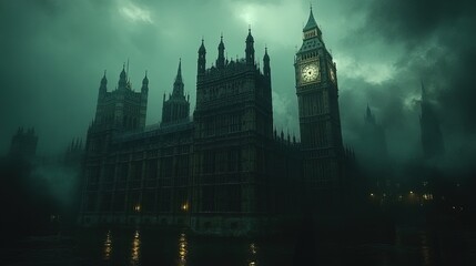 Fototapeta premium A dark, atmospheric view of the Houses of Parliament shrouded in mist and shadows.