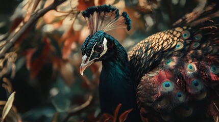 Obraz premium Portrait of beautiful peacock with feathers out in the nature habitat
