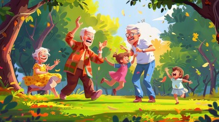 Grandparents playing with their grandchildren in the park. 
