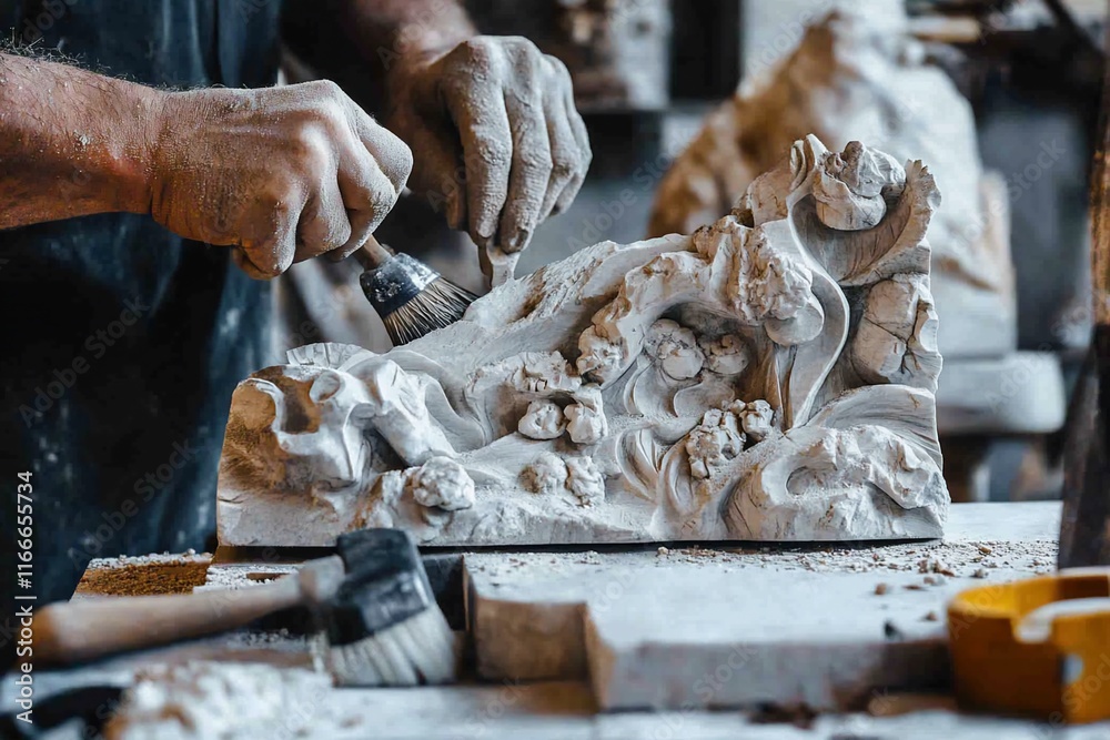Poster craftsman's hands meticulously detailing a stone carving with brushes, showcasing the artistry and p