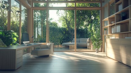 Fototapeta premium Modern 3D Printed Home Office: A Perfect Work-Life Balance Oasis Filled with Natural Light and Creative Decor in Serene Setting