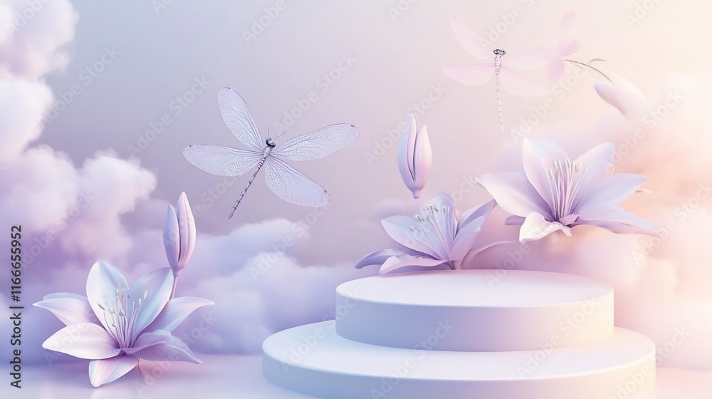 Aufkleber pastel pink lilies and dragonflies hover around a double-tiered platform on a cloudy background.