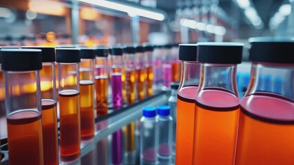 Rows of test tubes filled with colorful liquids line a laboratory bench, capturing the essence of scientific discovery and research.  