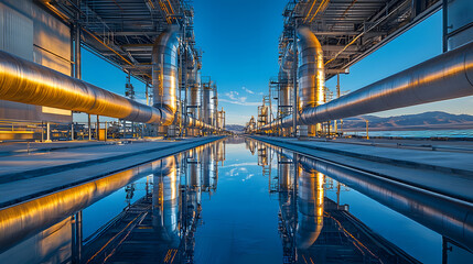 Fototapeta premium Industrial zone, Steel pipelines and valves 