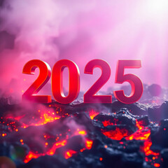 glowing red 2025 digits on embers