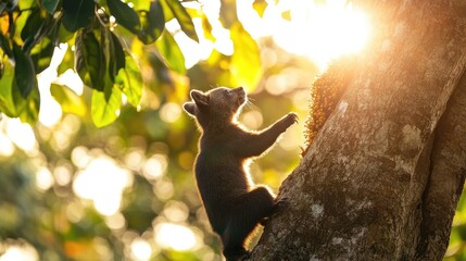 A young bear climbs a tree, illuminated by sunlight filtering through the leaves.