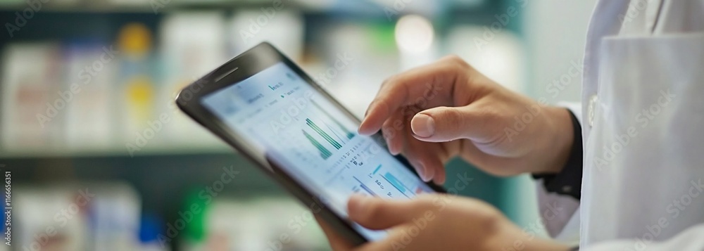 Poster Close-up of hands using tablet displaying graphs in pharmacy.