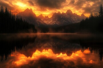 Obraz premium Moraine Lake, golden hour light reflecting on the water with dramatic mountain peaks in background, colorful sky and forest silhouette, serene natural beauty of Canada's rocky mountains at sunrise,