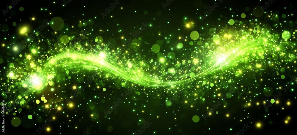 Poster abstract green glowing wave with particles.