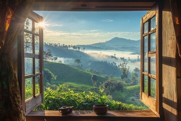 Fototapeta premium Open window overlooking a beautiful valley with morning mist and sun rays, a tea plantation in the background. 