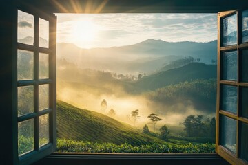 Open window overlooking a beautiful valley with morning mist and sun rays, a tea plantation in the...