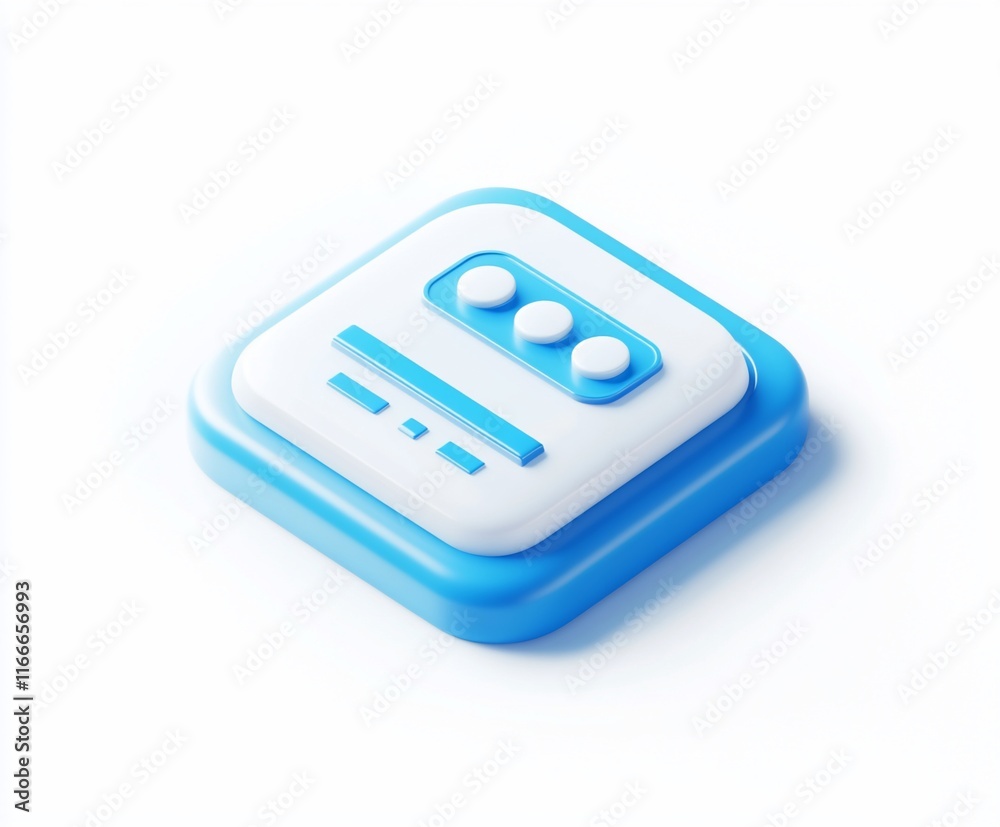 Poster 3D isometric icon; square blue button with white inner section and three dots.