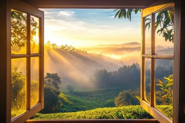 Open window overlooking a beautiful valley with morning mist and sun rays, a tea plantation in the...